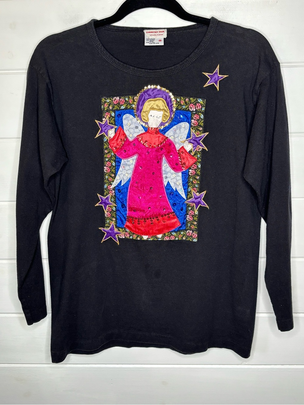 Vintage Country Fair Christmas Angel Applique Sequin Shirt M Made USA